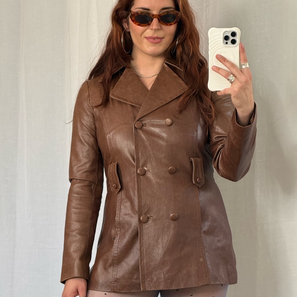 Vintage Y2K Brown Leather Peacoat Jacket - Picture 1 of 8